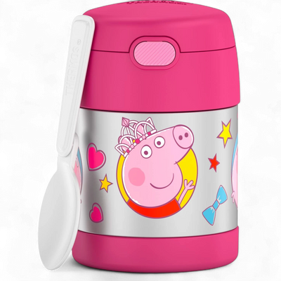 Pote Térmico Thermos ® 283g Funtainer infantil rosa com colher embutida, estampado com personagens e ícones coloridos. Mantém temperatura ideal.
