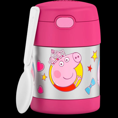 Pote Térmico Thermos ® 283g Funtainer infantil rosa com colher embutida, estampado com personagens e ícones coloridos. Mantém temperatura ideal.