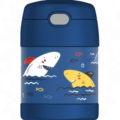 Pote Térmico Thermos ® 283g Funtainer infantil azul com desenhos de tubarões felizes e isolamento a vácuo. Ideal para refeições quentes e frias.