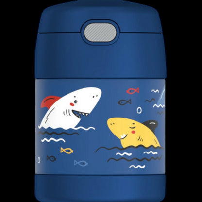 Pote Térmico Thermos ® 283g Funtainer infantil azul com desenhos de tubarões felizes e isolamento a vácuo. Ideal para refeições quentes e frias.