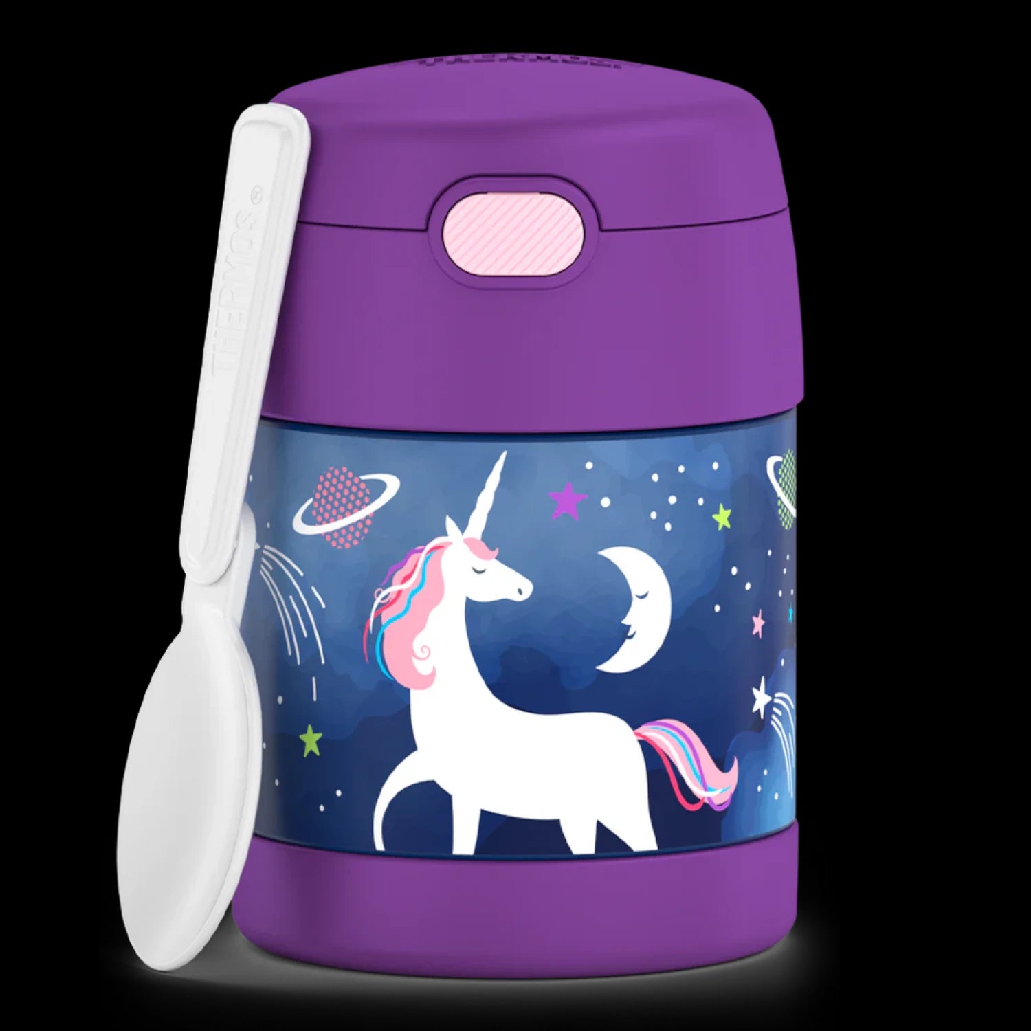 Pote Térmico Thermos ® 283g Funtainer infantil com colher embutida e design de unicórnio mágico.