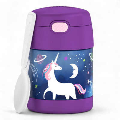 Pote Térmico Thermos ® 283g Funtainer infantil com colher embutida e design de unicórnio mágico.
