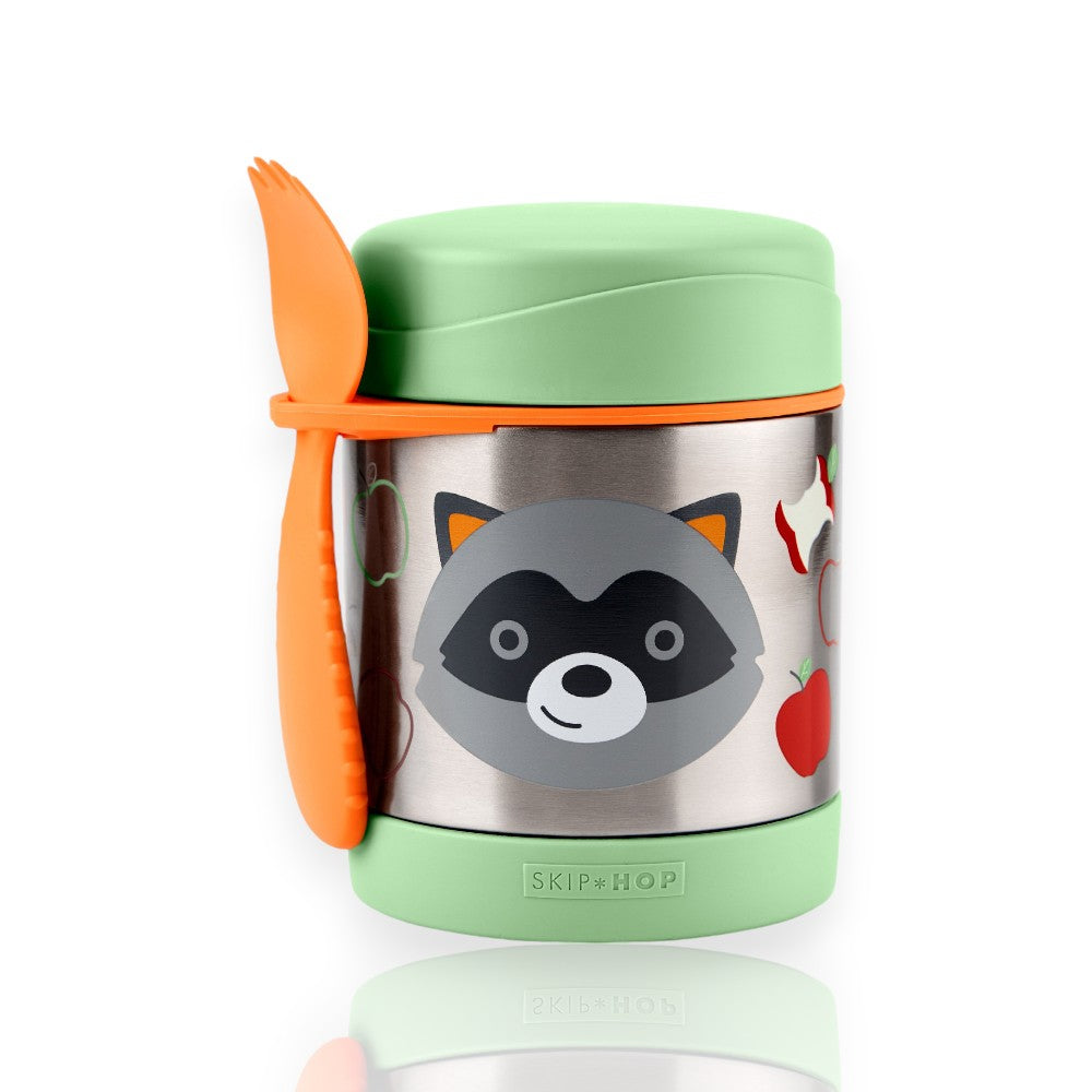 Pote Térmico com Talher - Skip Hop em aço inoxidável, design infantil de guaxinim, com tampa e talher laranja acoplado.