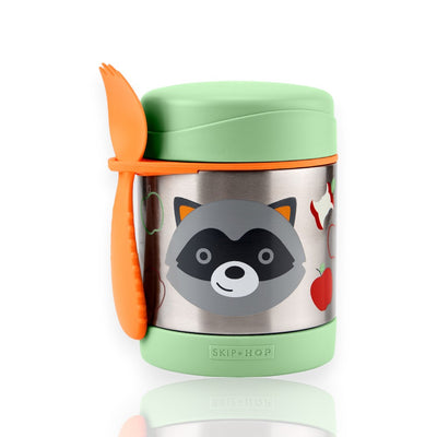 Pote Térmico com Talher - Skip Hop em aço inoxidável, design infantil de guaxinim, com tampa e talher laranja acoplado.