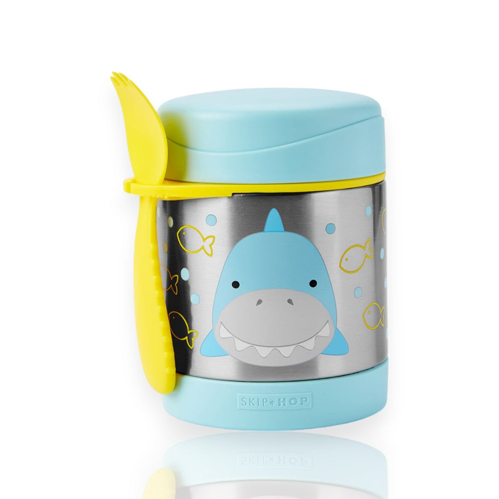 Pote Térmico com Talher - Skip Hop azul com desenho de tubarão, mantém alimentos quentes e frios, capacidade de 325 ml, livre de BPA.