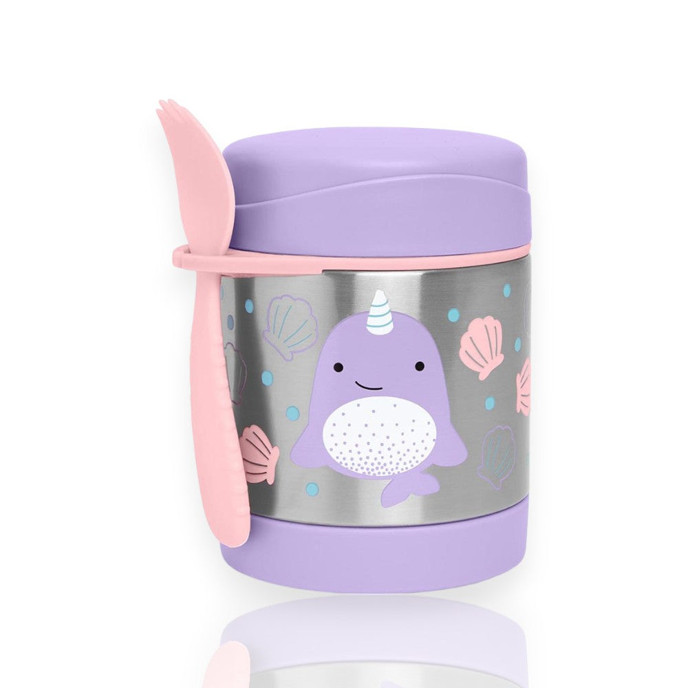 Pote Térmico com Talher - Skip Hop com design infantil roxo, capacidade de 325 ml, acompanhado de talher. Mantém a temperatura dos alimentos.