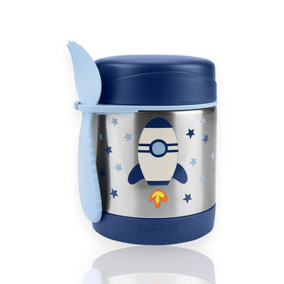 Pote Térmico com Talher - Skip Hop em design infantil com foguete, mantendo alimentos quentes ou frios e livre de BPA.