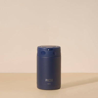 Pote Térmico FoodJar PACCO 500ml em aço inoxidável azul, design premium com pintura durável, ideal para eficiência térmica.