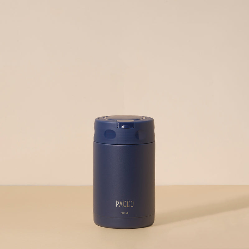 Pote Térmico FoodJar PACCO 500ml em aço inoxidável azul, design premium com pintura durável, ideal para eficiência térmica.