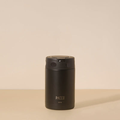 Pote Térmico FoodJar PACCO 500ml, design premium em aço inoxidável, pintura durável, eficiência térmica, cor preta elegante.