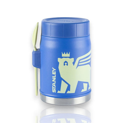 Pote Térmico Stanley Kids - 414ml azul com garfolher embutido e design seguro para refeições, ideal para mochilas e lancheiras.