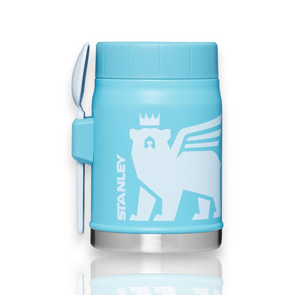 Pote Térmico Stanley Kids - 414ml azul com garfolher embutido e design seguro, ideal para manter alimentos à temperatura ideal.