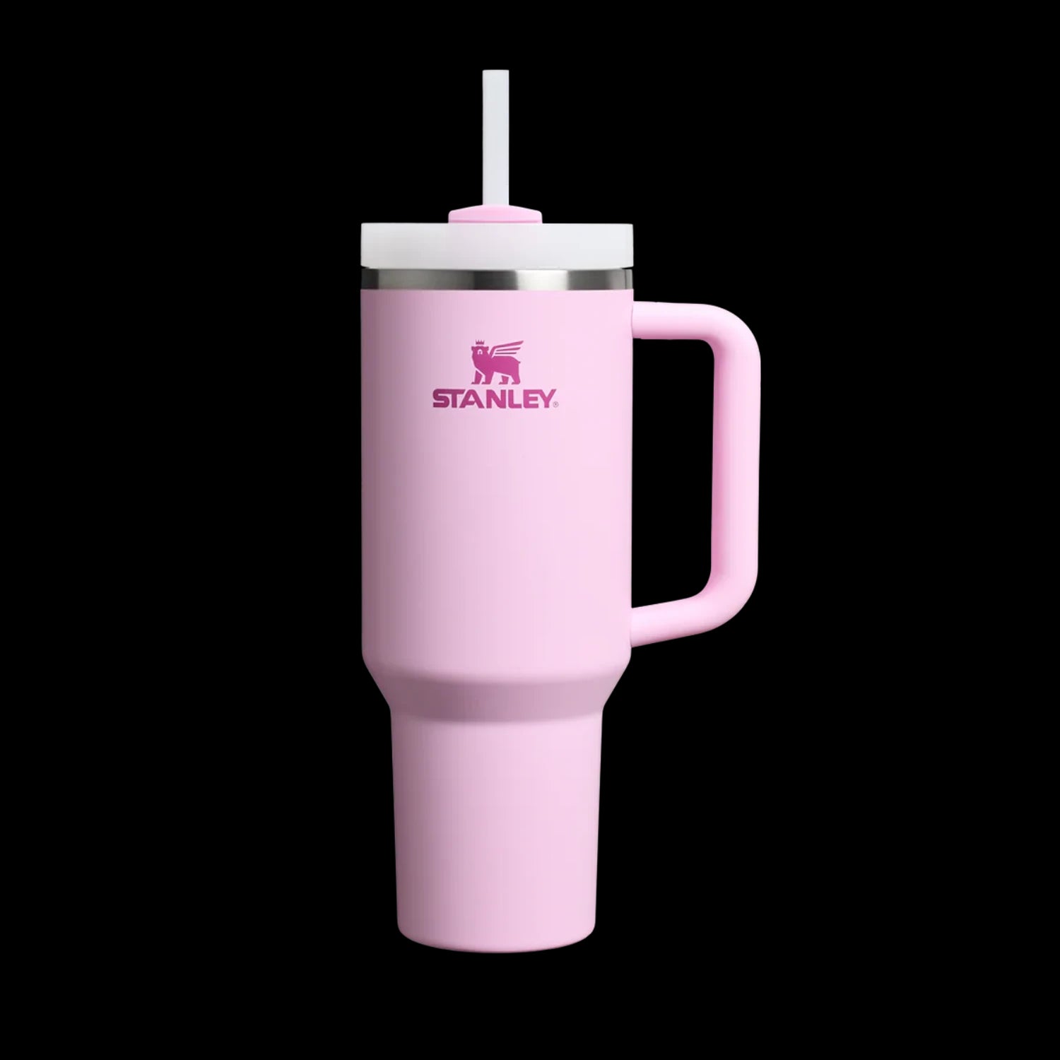 Copo Quencher Stanley 1,18L rosa com canudo e alça ergonômica, ideal para hidratação no dia a dia, com tampa FlowState multifuncional.
