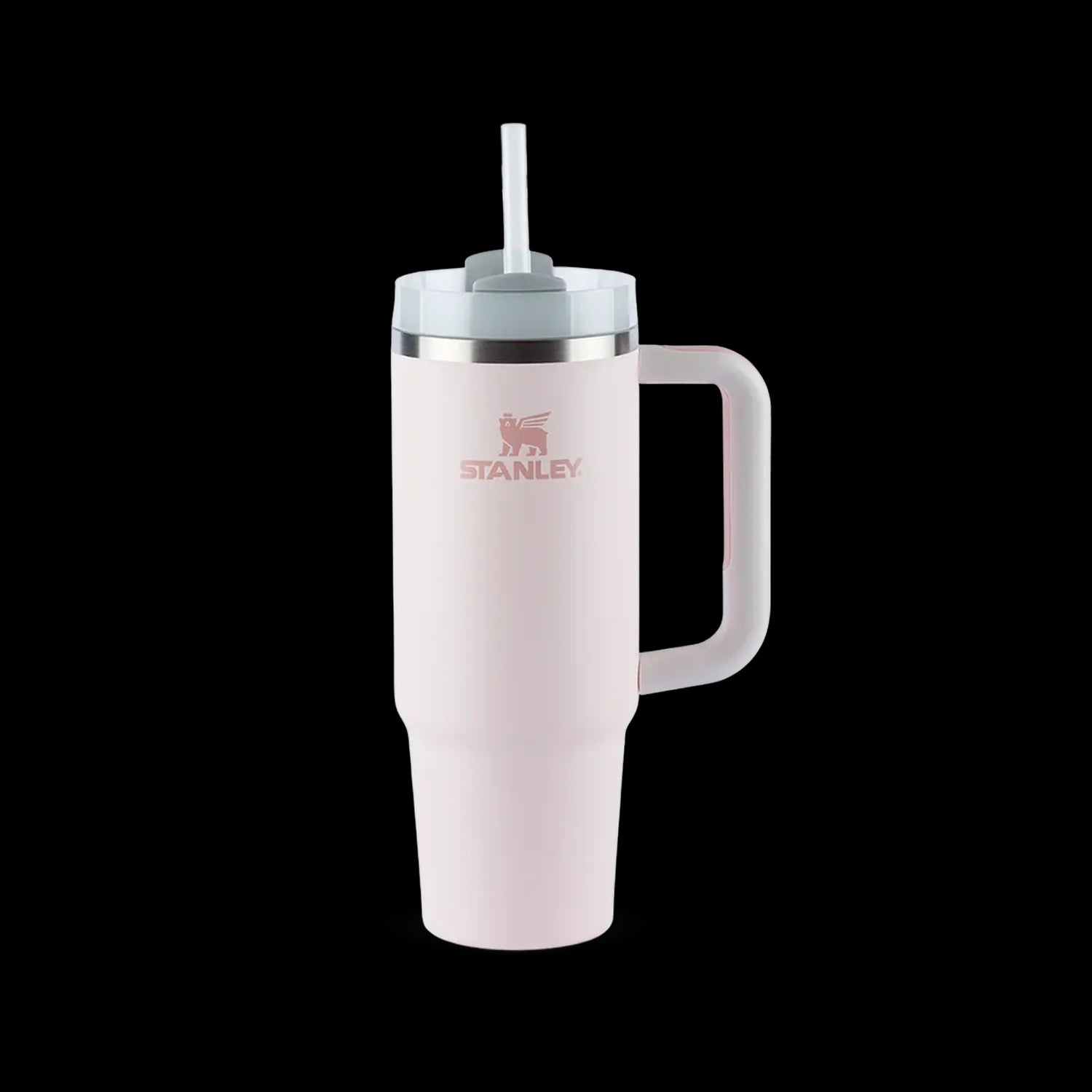 Copo Quencher Stanley 887ml em rosa claro com alça e tampa, mantém bebidas geladas por horas.
