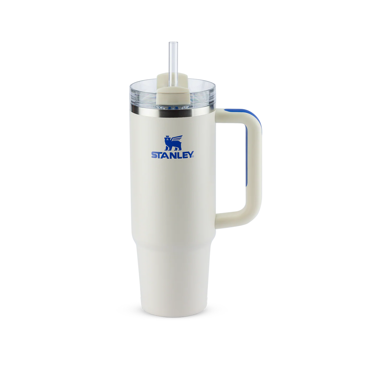 Copo Quencher Stanley 887ml, copo térmico branco com alça ergonômica e tampa, ideal para manter bebidas geladas por horas.