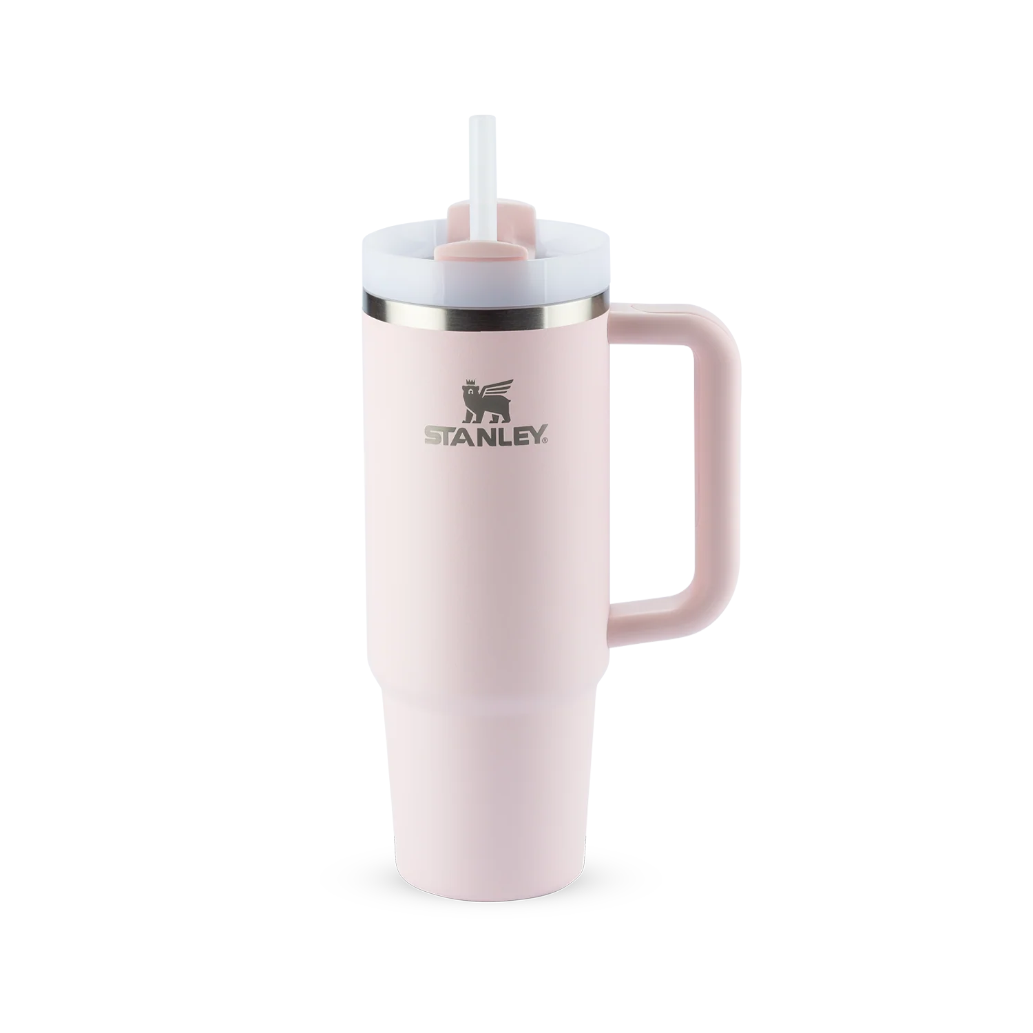 Copo Quencher Stanley 887ml em cor rosa com alça e tampa de 3 posições, ideal para manter bebidas geladas por horas.