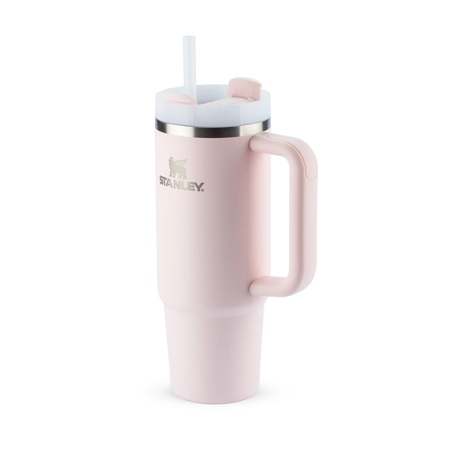 Copo Quencher Stanley 887ml rosa com alça ergonômica e tampa de 3 posições, mantém a bebida gelada por até 40 horas.