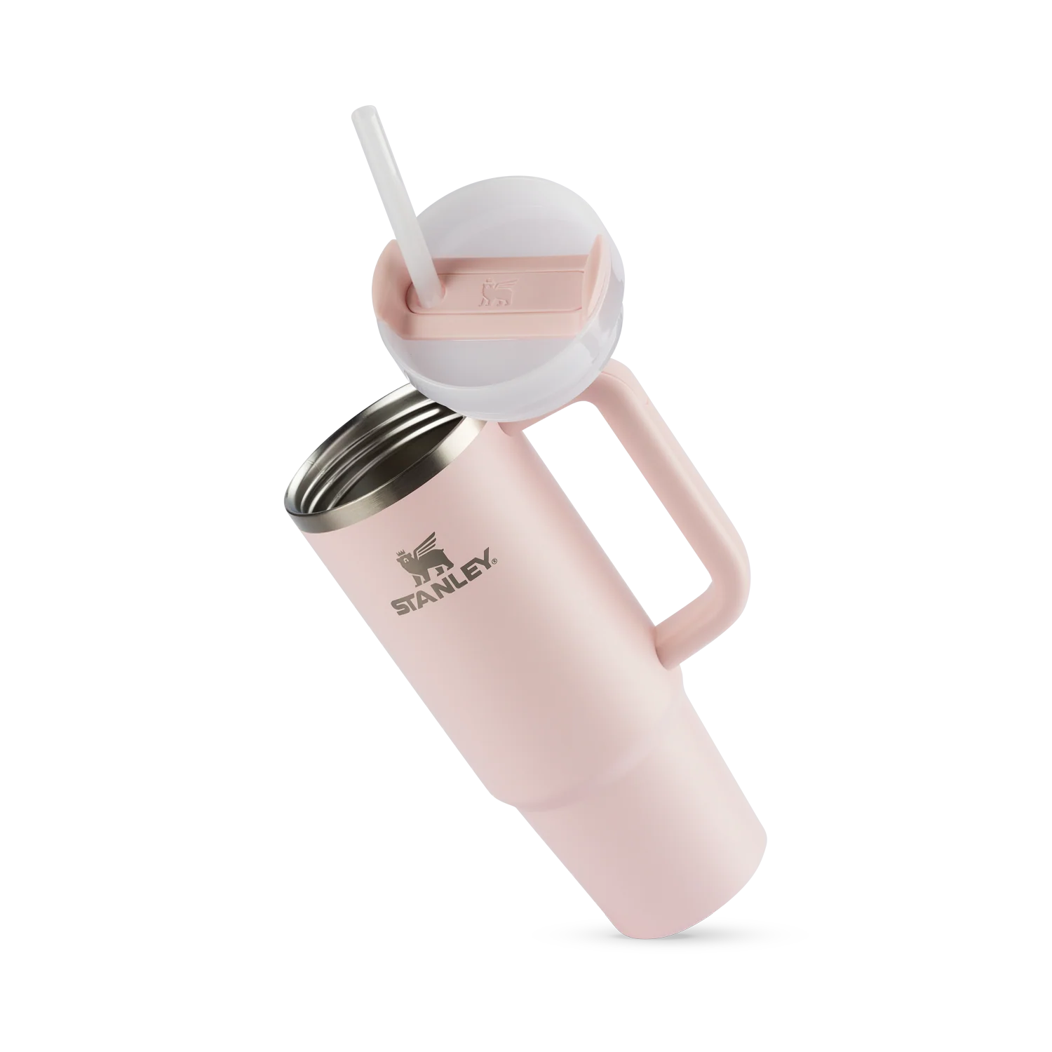 Copo Quencher Stanley 887ml em rosa com alça ergonômica e tampa funcional, mantém bebidas geladas por até 40 horas.