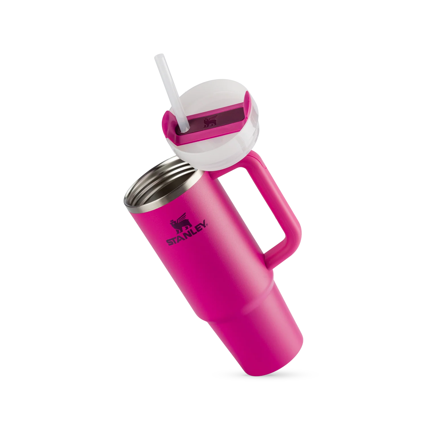 Copo Quencher Stanley 887ml em cor vibrante com tampa de 3 posições e alça ergonômica, ideal para manter bebidas geladas por horas.