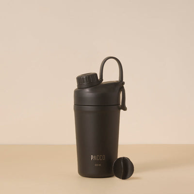Copo Térmico PACCO Shaker 600ml com parede dupla em aço inoxidável, ideal para bebidas frias e quentes, eficiência em isolamento térmico.