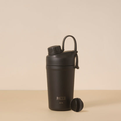Copo Térmico PACCO Shaker 600ml com parede dupla em aço inoxidável, ideal para bebidas frias e quentes, eficiência em isolamento térmico.