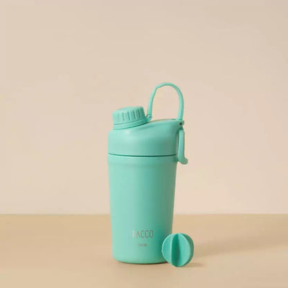 Copo Térmico PACCO Shaker 600ml verde com tampa e alça, ideal para manter bebidas frias ou quentes por horas, adequado para academias e viagem.