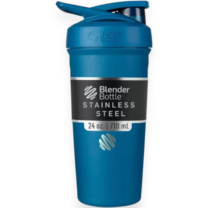 Coqueteleira Blender Bottle Strada 710ml azul, aço inoxidável, isolamento térmico, mantém bebida gelada, sem BPA, botão de abertura rápida.