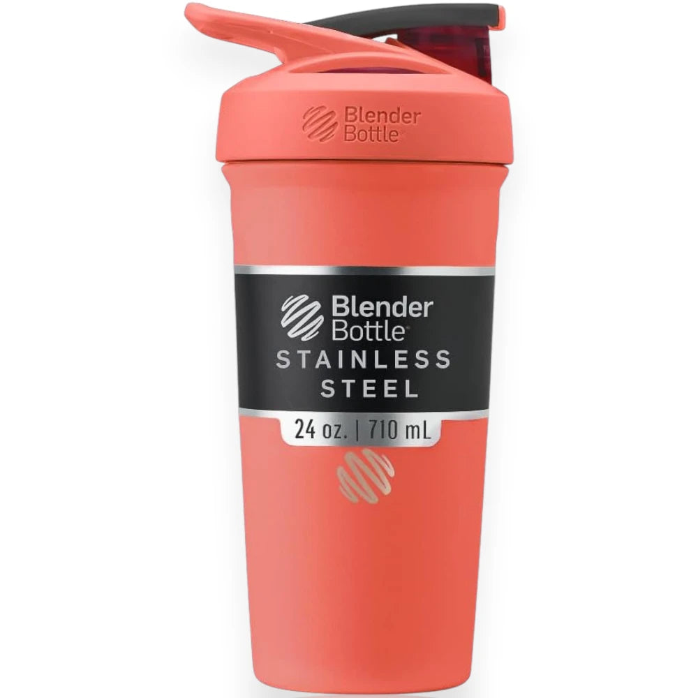 Coqueteleira Blender Bottle Strada 710ml rosa, aço inoxidável com isolamento térmico duplo e botão de abertura rápida, 24 oz.
