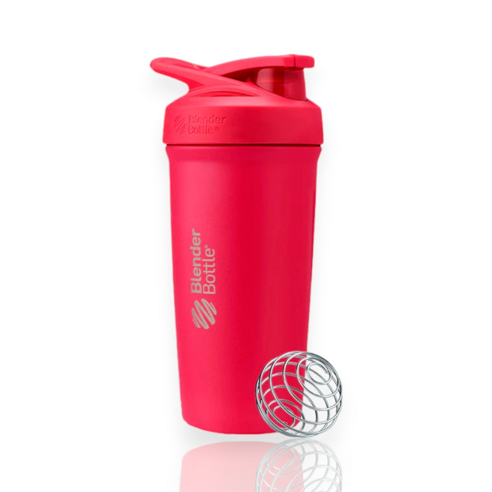 Coqueteleira Blender Bottle Strada 710ml em rosa com isolamento térmico e bola de mistura de aço inoxidável.