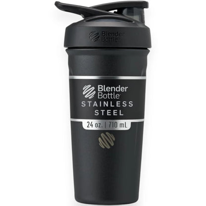 Coqueteleira Blender Bottle Strada 710ml preta em aço inoxidável com isolamento térmico, ideal para manter bebidas geladas e saborosas.