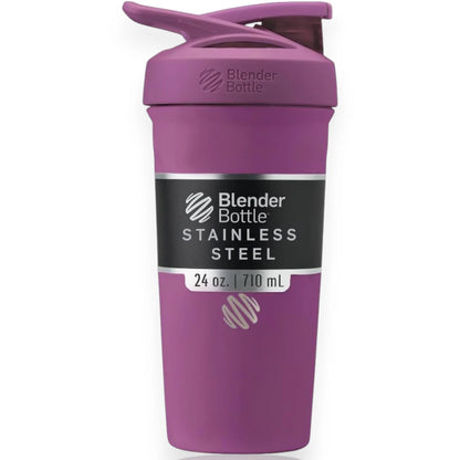 Coqueteleira Blender Bottle Strada 710ml em aço inox, isolada a vácuo, 24 oz, cor roxa, para bebidas geladas por até 24 horas.