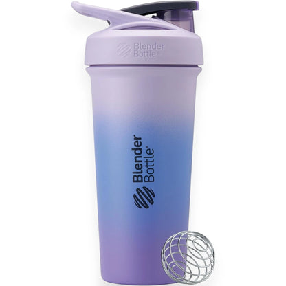 Coqueteleira Blender Bottle Strada Sleek 740ml com tampa StayOpen™, design ergonômico e isolamento térmico, cor roxo degradê.