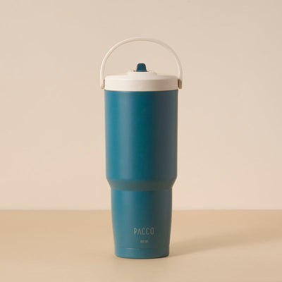 Copo Térmico PACCO SuperCup 880ml em aço inoxidável azul com design moderno, pintura resistente e tampa branca.