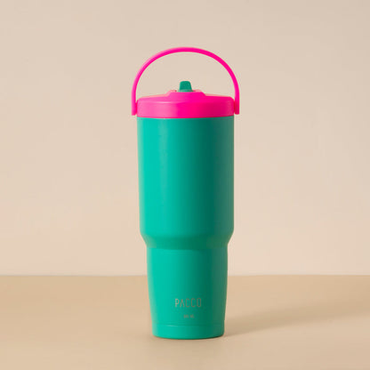Copo Térmico PACCO SuperCup 880ml verde com tampa rosa, design moderno em aço inoxidável 18/8, resistente e funcional.