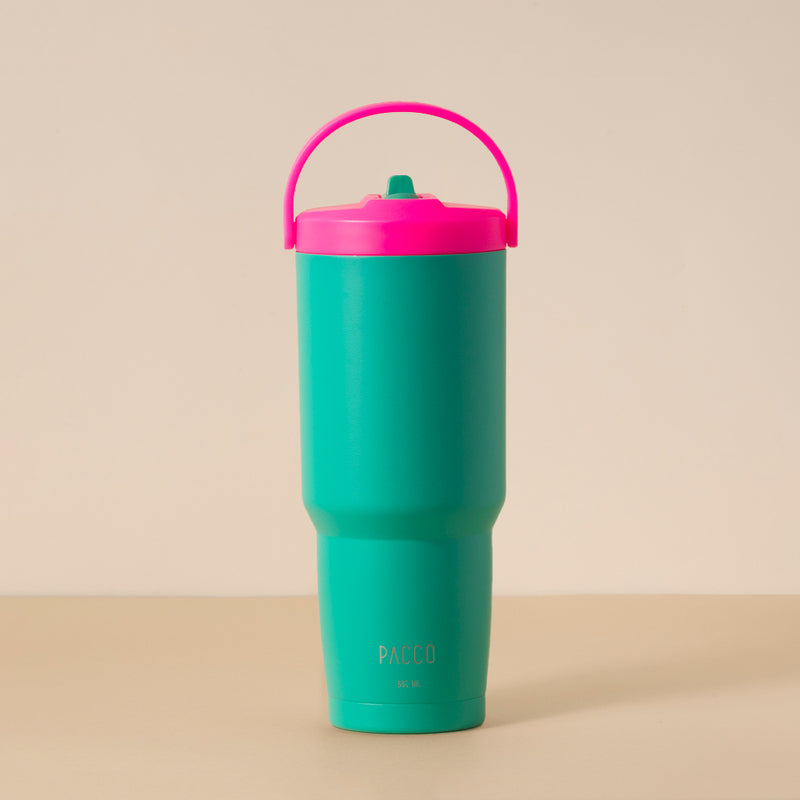 Copo Térmico PACCO SuperCup 880ml verde com tampa rosa, design moderno em aço inoxidável 18/8, resistente e funcional.