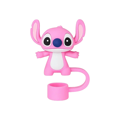 Protetor de Canudo Quencher - Variados em formato de personagem rosa feito de silicone seguro e colorido.