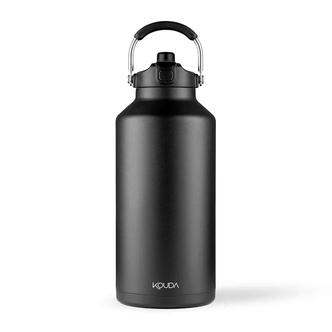 Garrafa Térmica Kouda Serrano – 5L em aço inoxidável preto, mantém 12h quente e 24h frio, com design elegante e vedação hermética.