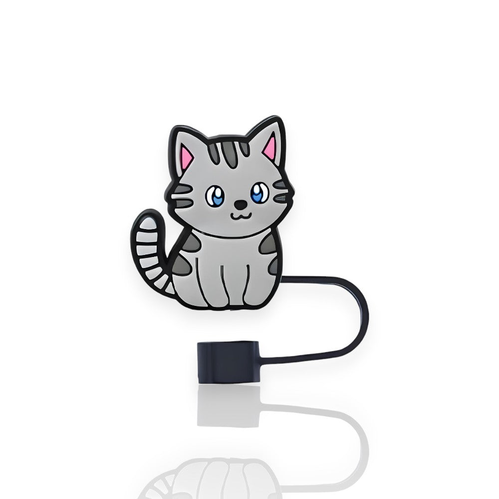 Protetor de Canudo Quencher - Gatinho em borracha com design de gatinho cinza, ideal para personalizar e proteger canudos térmicos.