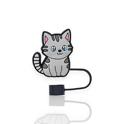 Protetor de Canudo Quencher - Gatinho em borracha com design de gatinho cinza, ideal para personalizar e proteger canudos térmicos.