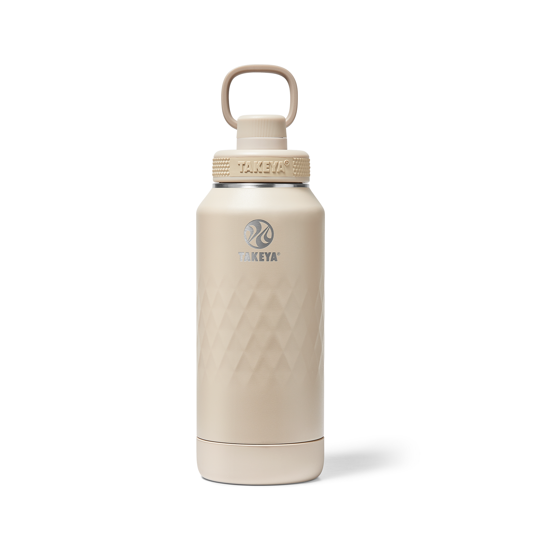 Garrafa Térmica Takeya 950ml Spout Lid Sport bege, ideal para treinos longos, trilhas e esportes ao ar livre, com isolamento térmico eficiente.