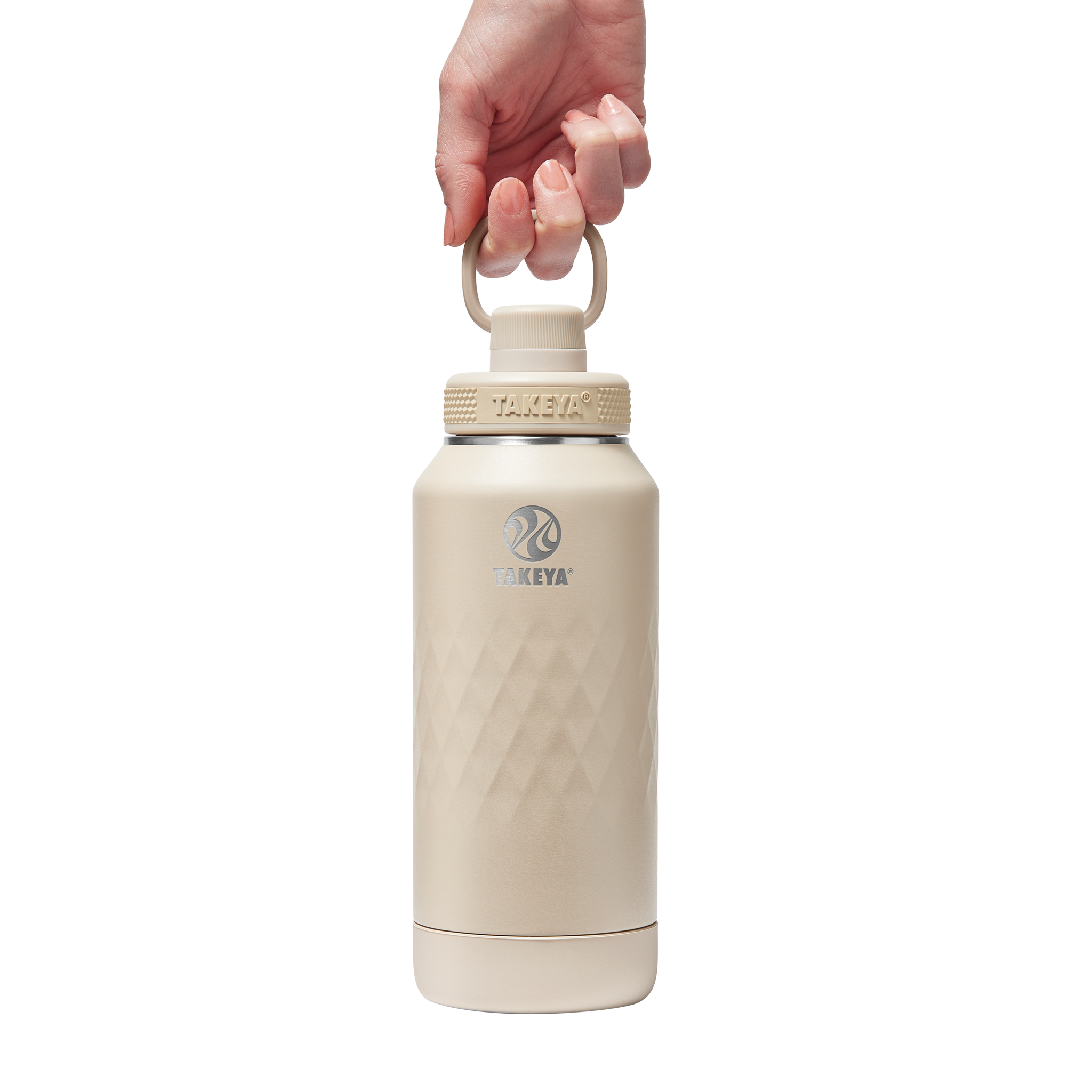 Garrafa Térmica Takeya 950ml Spout Lid Sport portátil em mãos, ideal para esportes e atividades intensas com alta capacidade térmica.