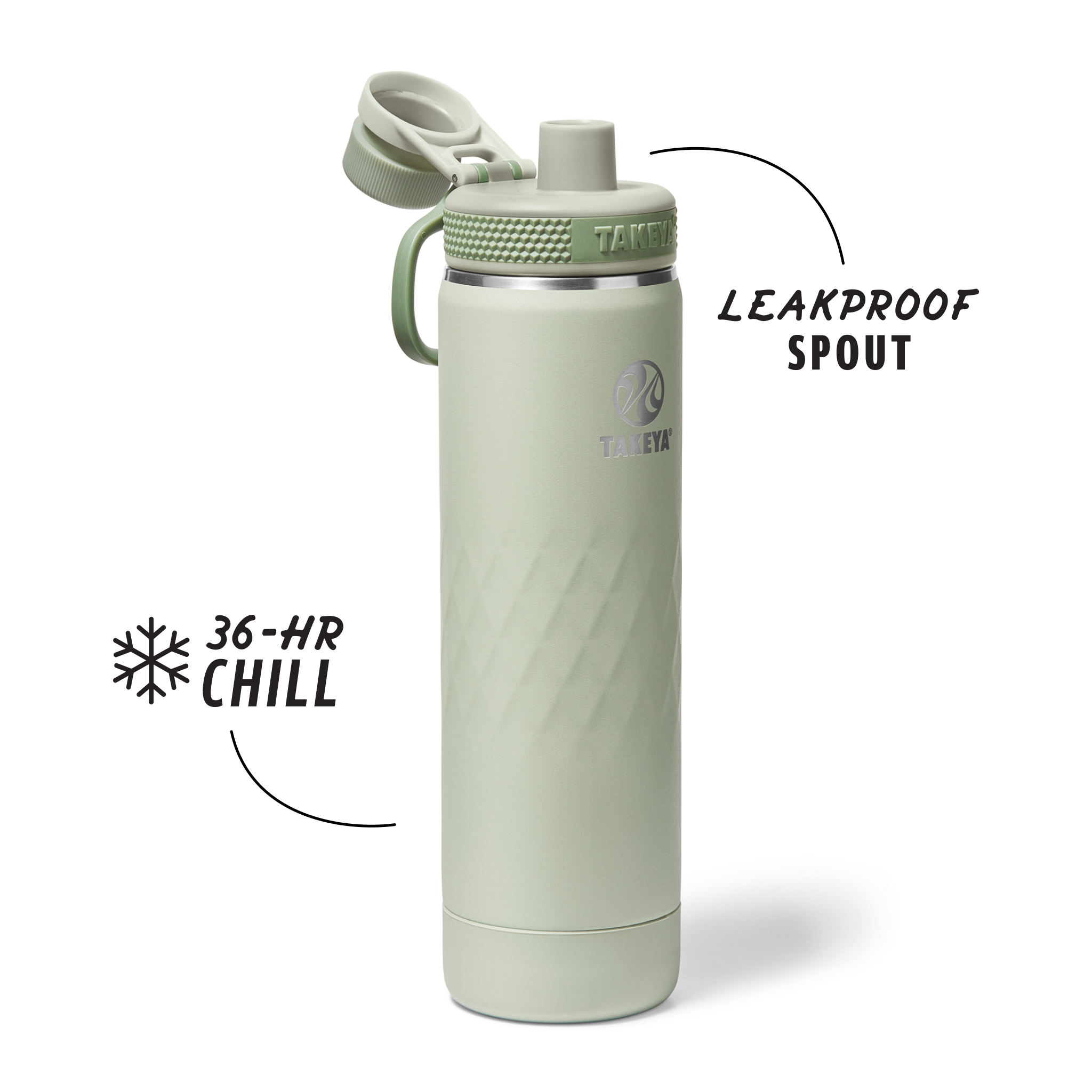 Garrafa Térmica Takeya 650ml Spout Lid Sport em verde, ideal para treinos e atividades ao ar livre, mantém bebidas geladas por 36 horas.