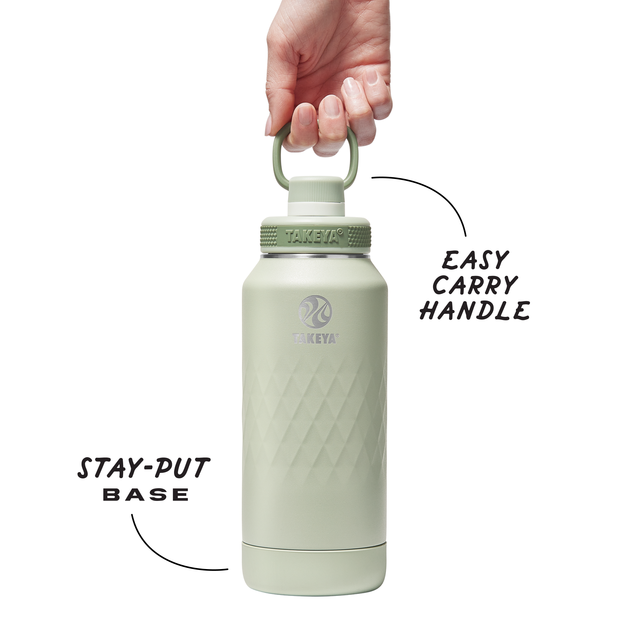 Mão segurando Garrafa Térmica Takeya 950ml Spout Lid Sport com design verde elegante e tampa prática para esportes.