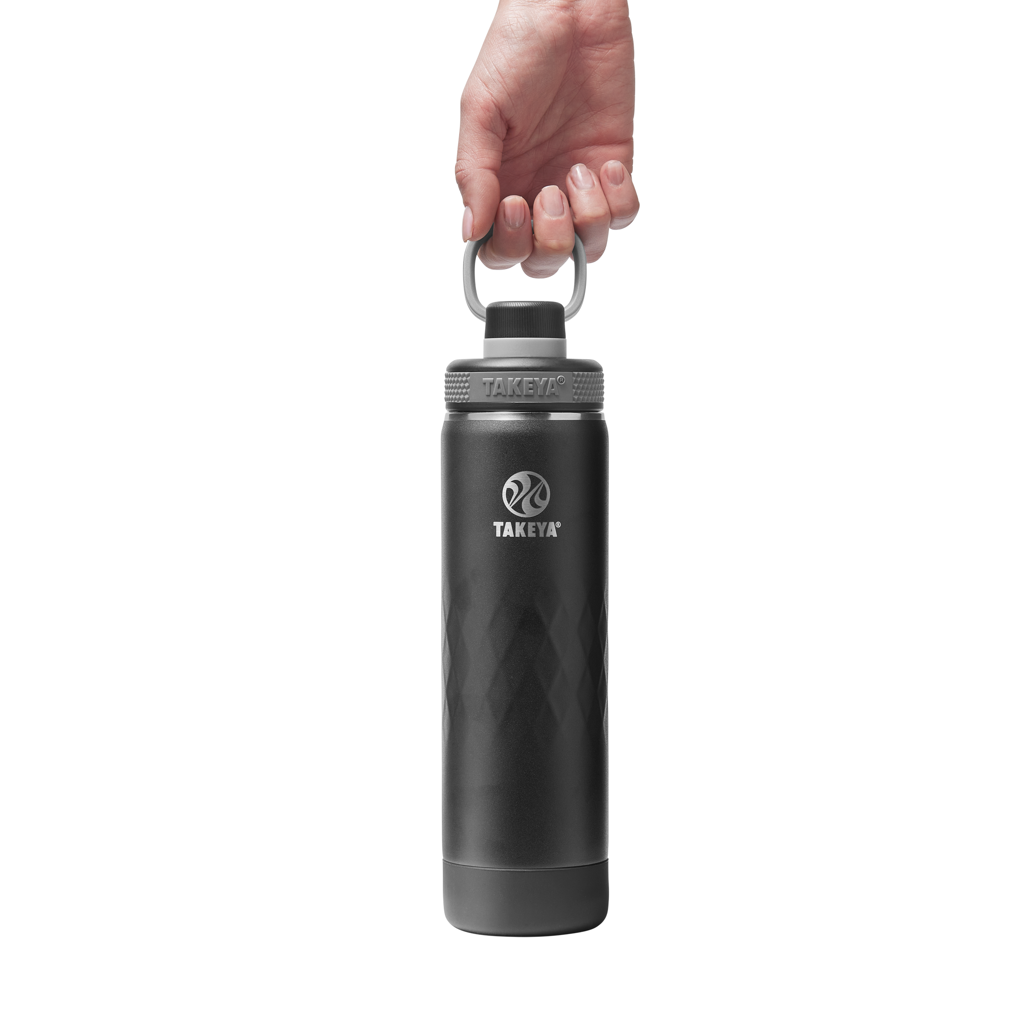 Garrafa Térmica Takeya 650ml Spout Lid Sport sendo segurada por uma mão, ideal para atividades esportivas e ao ar livre.