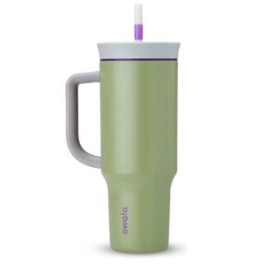 Copo Tumbler Térmico Owala - 1180ml | 40oz, Verde, com alça e canudo removível, isolamento térmico de parede dupla, aço inoxidável.