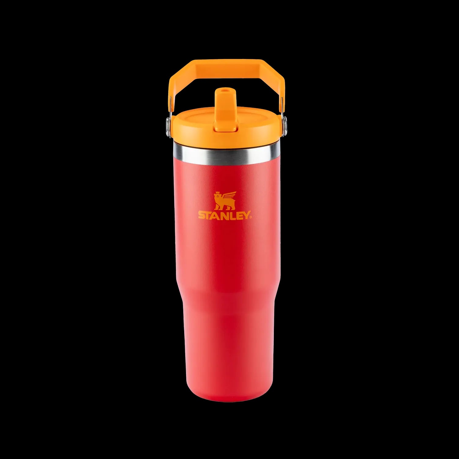 Tumbler Térmico Flip Straw Stanley - 887ml em vermelho com tampa laranja, mantendo bebidas geladas por até 48 horas.