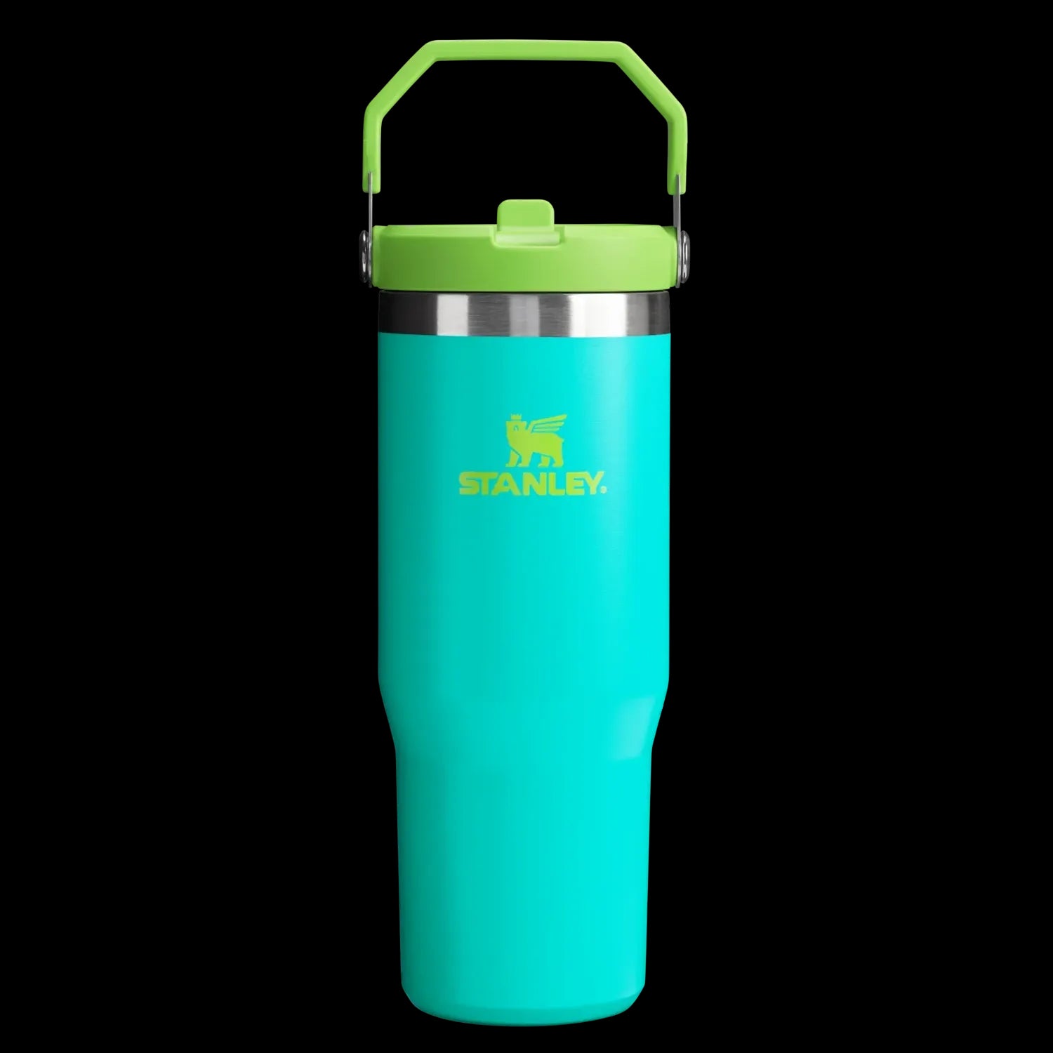 Tumbler Térmico Flip Straw Stanley - 887ml azul-verde com alça e logotipo Stanley em fundo preto, design funcional e térmico.