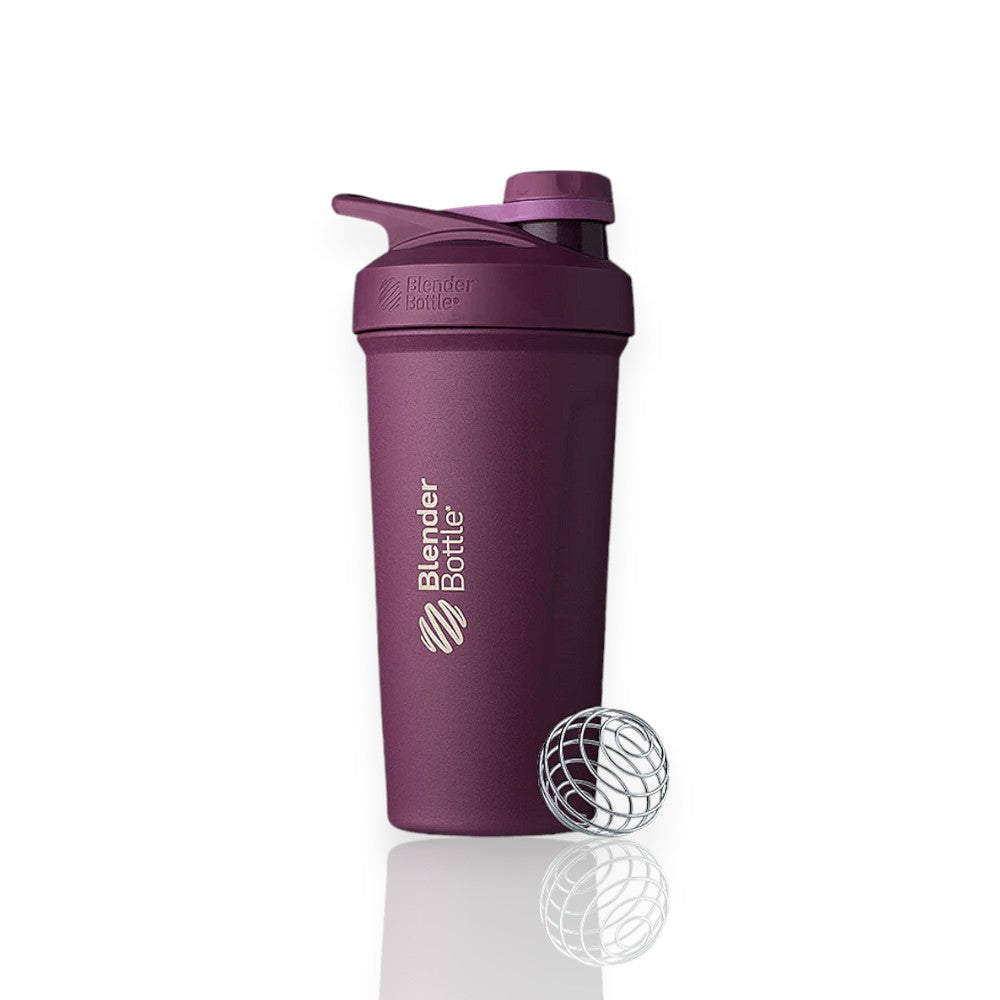 Coqueteleira Blender Bottle Strada Twist 710ml em roxo com batedor BlenderBall para misturas suaves e tampa à prova de vazamentos.