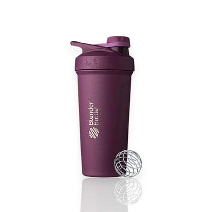 Coqueteleira Blender Bottle Strada Twist 710ml em roxo com batedor BlenderBall para misturas suaves e tampa à prova de vazamentos.