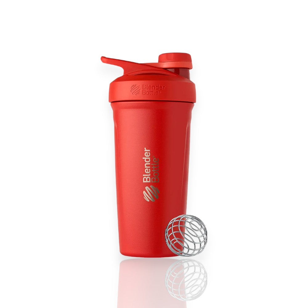Coqueteleira Blender Bottle Strada Twist 710ml vermelha com batedor BlenderBall® para misturas suaves e sem vazamentos.